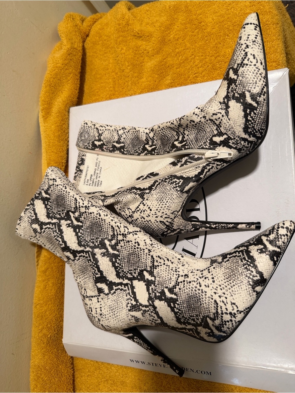 Steve Madden Black & White Snake-Print Pointed Toe Ankle Boots